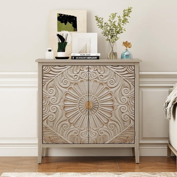 LJAN Carved Buffet Cabinet with Floral Pattern & Gold Handle, 31.5" W Distressed Sideboard with 2 Doors & Solid Wood Leg, American Style Accent Cabinet for Living Room, Kitchen, LIGHT GREY