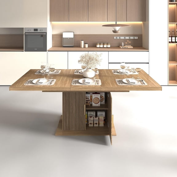 LJAN Extendable Dining Table with Storage,Modern Expandable Kitchen Table Rectangular Dining Room Table,for 6-10 people