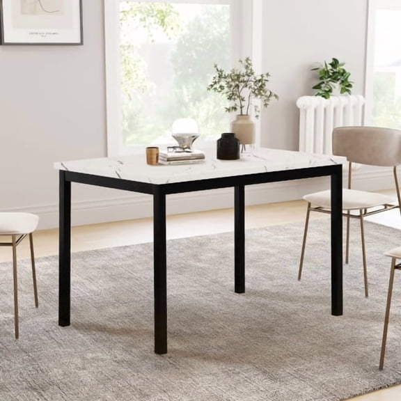 LJAN Faux Marble Dining Table, Laminated Table Top with Protective Coating, Black Metal Straight Legs, Contemporary Square Kitchen Table, Seats 4, 45 x 28.5 x 30 Inchs