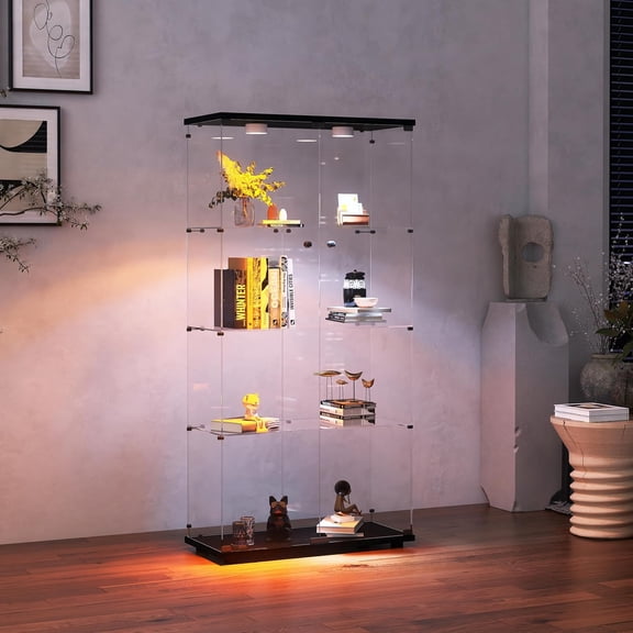 LJAN Frameless Glass Display Cabinet, Curio Cabinet Display Case with LED Lights and Lock, 2 Doors Quick-Install Floor Standing Showcase Display Shelf for Collectibles, Legos, Figures, Plants