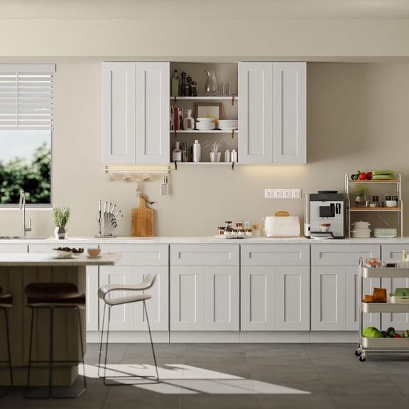 LJAN Kitchen Wall Cabinet, Solid Wood Medicine Storage Organizer Cabinets with 2 Soft-Closing Shaker Doors & Adjustable Shelves, Space-Saving for Laundry, Bathroom, Garage - White