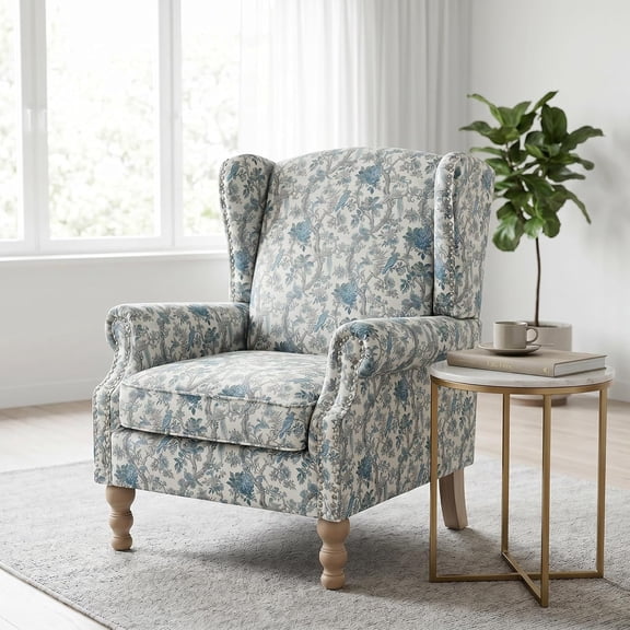 LJAN Mid Century Floral Wingback Chair with Nailhead Trim in Elegant Fabric and Solid Wood Legs for Living Room or Bedroom - Comfortable Upholstered Armchair for Modern Home Decor