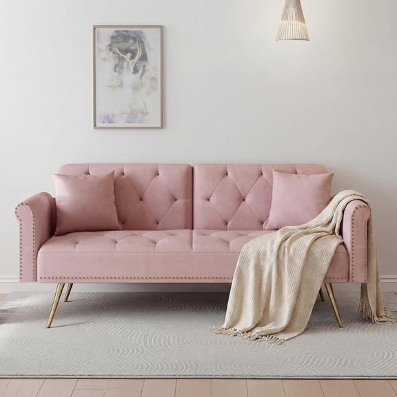 LJAN Modern 70" Velvet Sofa Bed Futon,Convertible Sleeper Couch with Adjustable Backrest, Split Back Loveseat with Golden Chrome Legs & 2 Pillows for Small Spaces,Living Room, Apartment