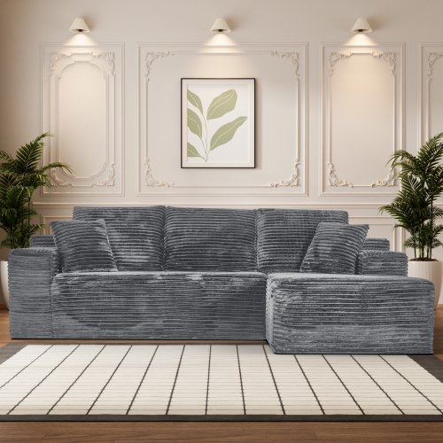 LJAN Modular Cloud Combination Sofa Dark Gray No Assembly Required 107.5 Inch L-Shaped Minimalist Sleeper Sofa Deep Seat with Luxurious Plush Corduroy Fabric for Living Room Comfort and Style