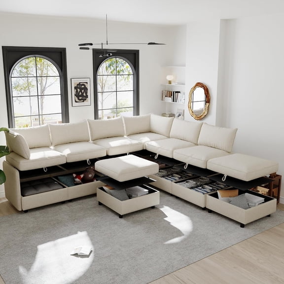 LJAN Modular Sectional Sofa Set In Beige Chenille With Storage Convertible Design Comprising 8 Seats Flexible Combinations Perfect For Living Room Comfort And Practicality