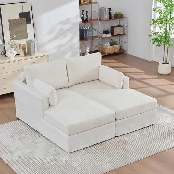 LJAN Modular Sofa Bed with Chenille Upholstery,Oversized Chaise Lounge Couch,Removable Cushions,Pocket Spring Seat,Modern Sleeper Seating for Living Room Bedroom (Ivory,Double Chaise Lounge)