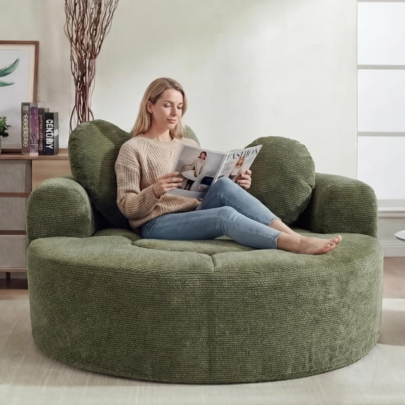 LJAN Oversized Round Chair Lounge Chaise Indoor, 54.3" Upholstered Corduroy Deep Seat Single Cloud Sofa Chair with Heart-Shaped Pillow Modern Large Circle Boneless Couch for Living Room