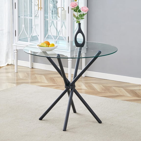 LJAN Round Dining Table,36.6''Round Glass Dining Room Table for 2-4,Tempered Glass Tabletop and Black Metal Legs,Save Space Dinner Table for Kitchen,Dining Room,Apartment
