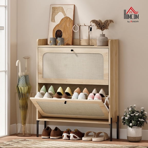 LJAN Shoe Cabinet with 2 Flip Drawers and Rattan Doors, Narrow Shoe Storage Cabinet with Adjustable Shelves, Raised Tabletop, Boho Storage Organizer for Entryway, Hallway, Holds 12-16 Pairs, Oak