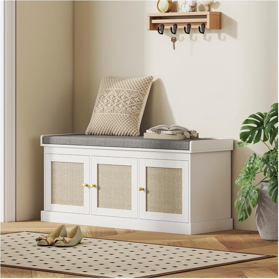 LJAN Shoe Storage Bench with Rattan Doors, White Entryway Bench with Cushion, Adjustable Shelves, Hallway Shoe Rack for Up to 9 Pairs, Modern Home Decor