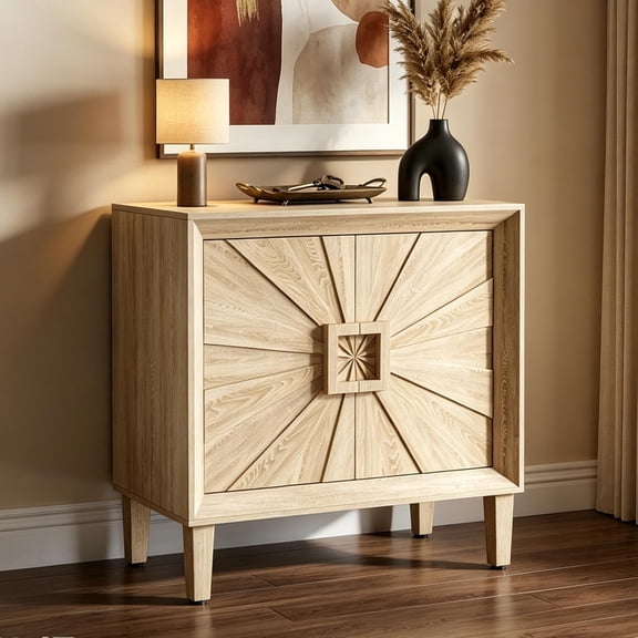 LJAN Small Mid-Century Modern Sideboard Buffet Accent Sunburst Credenza Storage Cabinet with 2 Doors 31.5" Modular Console Table for Kitchen Living Room Entryway
