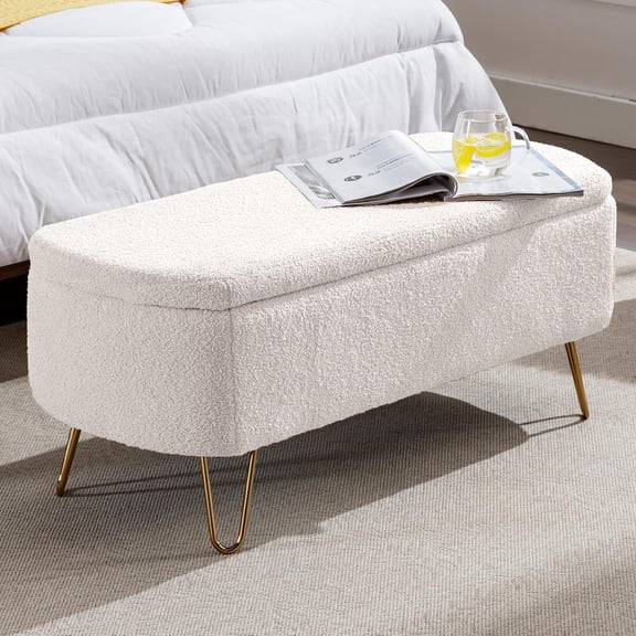 LJAN Storage Ottoman Bench, Comfy Faux Fur Upholstered Entryway Bench with Metal Legs, Bedroom Bench with Flip Top, Footrest Shoe Bench for Living Room, Bedroom