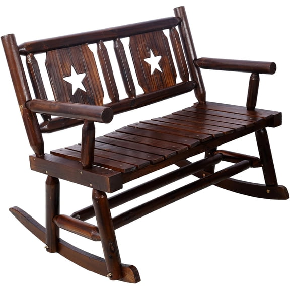 LJAN Wood Outdoor Rocking Bench for 2, Patio Loveseat Rocker with Armrests,with Wide Curved Seat, Porch Rocker for Porch, Garden, Backyard, Rustic Brown