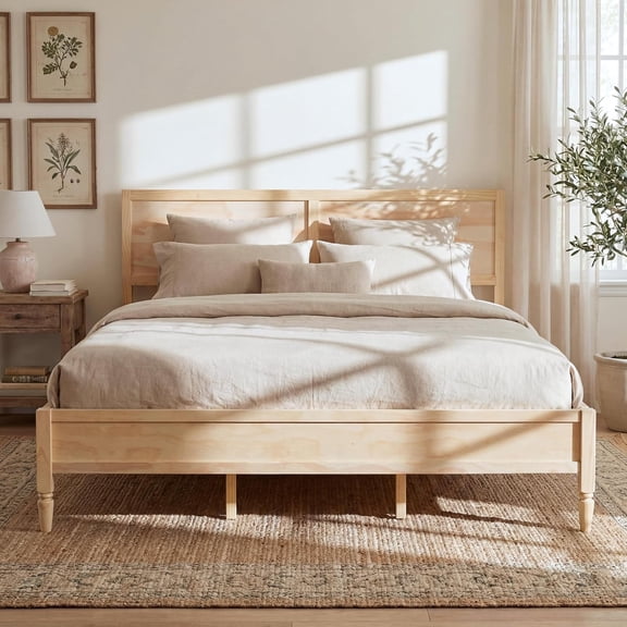 LJAN Wooden King Bed Frame and Headboard, Classic Platform King Size Bed Frame, Easy Assembly Bedframe, Wooden Slats Support, No Box Spring Needed