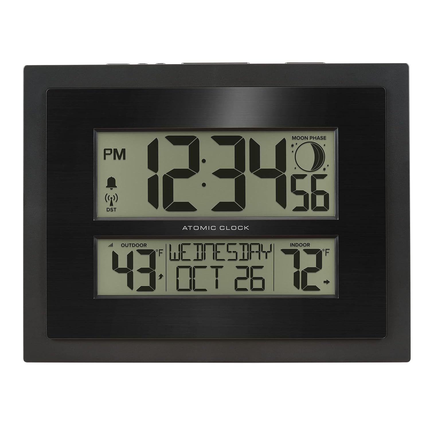 Black Digital Atomic Wall Clock with Outdoor Temperature Display