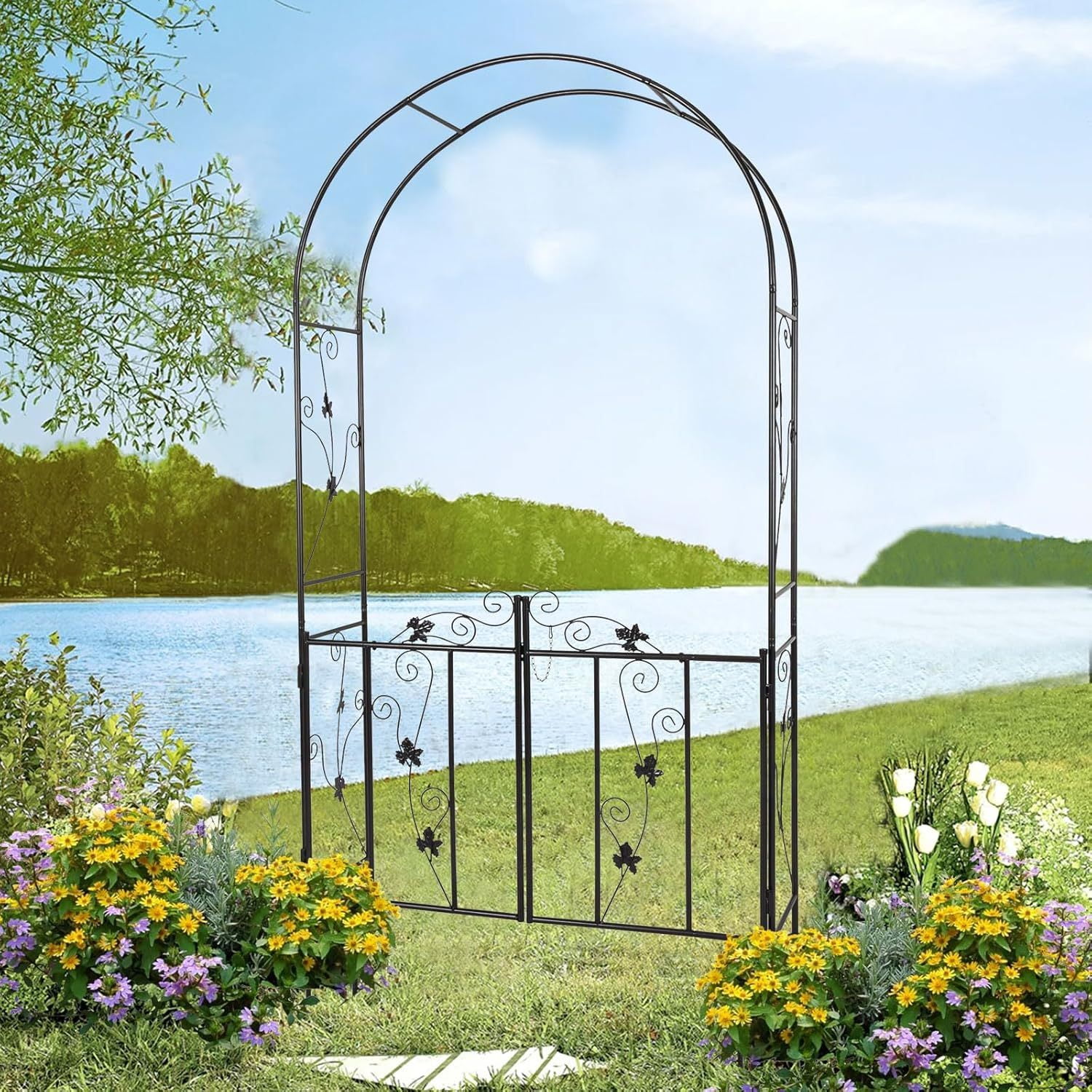 LJCP 8.4ft Garden Arch Trellis Backdrop Stand - Outdoor Wedding Arches for Ceremony, Patio Trellis Arbor Pergola Arches, Black Metal Support Frame for Rose Vines, Indoor Party Decoration