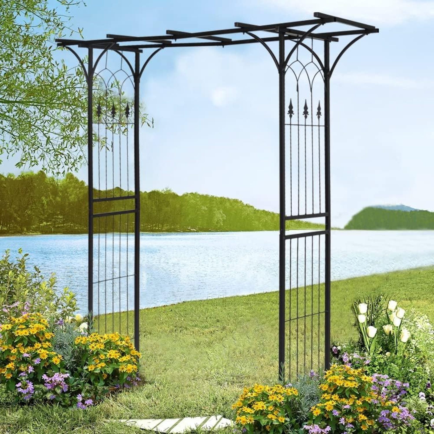 LJCP 8.4ft Garden Arch Trellis Backdrop Stand - Outdoor Wedding Arches for Ceremony, Patio Trellis Arbor Pergola Arches, Black Metal Support Frame for Rose Vines, Indoor Party Decoration
