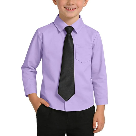 LJEFF 2PC Boys Formal Shirts with Pockey, Spring and Fall Button-Up School Uniform Long Sleeve Formal Shirt for Kids Purple Size 5-6 T