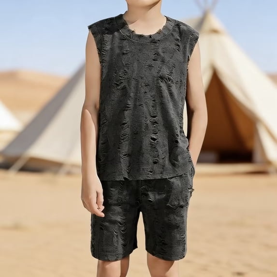 LJEFF Boy 2PC Distressed Tank Top Short Set, Breathable Lightweight Loose Pocket Ripped 2PC Short Set Dark Gray Size 1