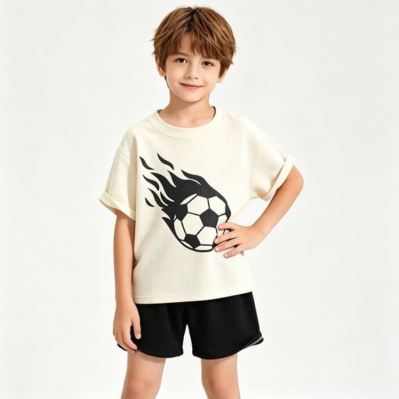LJEFF Boys 2PC Sports Set, Soft Stretchy Short Sleeve Breathable Summer Play Outfit for Kids Black Size 6 Years