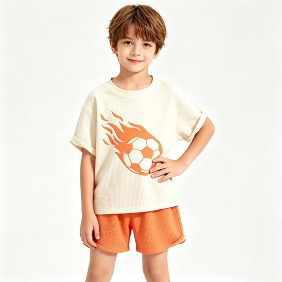 LJEFF Boys 2PC Sports Set, Soft Stretchy Short Sleeve Breathable Summer Play Outfit for Kids Orange Size 12 Years