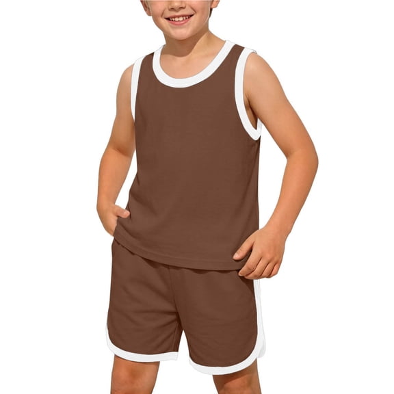 LJEFF Boys Contrast Trim Cotton Tank & Shorts Set, Solid Color Elastic Waist Soft Breathable Casual 2PC Outfit Brown Size 8 Yres