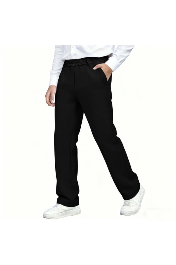 Boys Dress Pants with Pockets, Elastic Waist Regular Fit Stretch Straight Leg Kids School Uniform Black Size 14