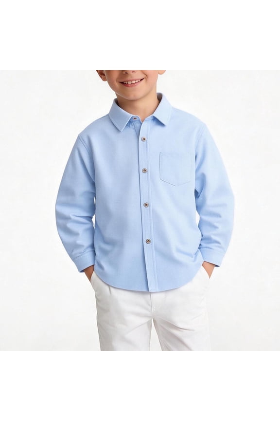 Boys Formal Shirts with Pockey, Button-Up School Uniform Long Sleeve Spring and Fall Formal Shirt for Kids Blue Size 4