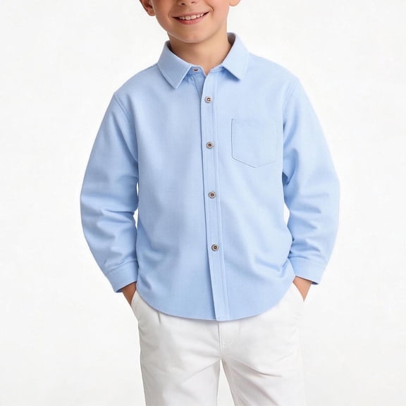 LJEFF Boys Formal Shirts with Pockey, Long Sleeve Spring and Fall School Uniform Button-Up Formal Shirt for Kids Blue Size 6