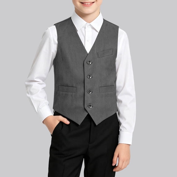 LJEFF Boys Formal V-Neck Suit Vest, Slim Fit Summer Pockets Button Back to School Season for Boys Dark Gray Size 10 Years