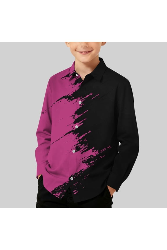 Boys' Long-Sleeve Shirt, Button Down Collar Bold Brushstroke Print Spring and Fall Casual Tops for Kids Hot Pink Size 7-8 T