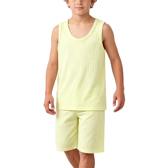 LJEFF Boys Ribbed Cotton Tank & Shorts Set, Soft Solid Color Breathable Elastic Waist Casual 2PC Outfit Yellow Size 5 T