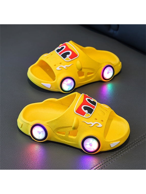Childrens Cartoon Car Slippers, Non-Slip Flashing Slip-On Beach Summer Shoes for Toddlers Yellow Size 9 Toddler
