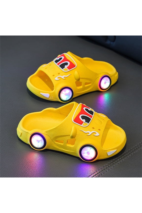 Childrens Cartoon Car Slippers, Non-Slip Flashing Slip-On Beach Summer Shoes for Toddlers Yellow Size 10 Little Kids