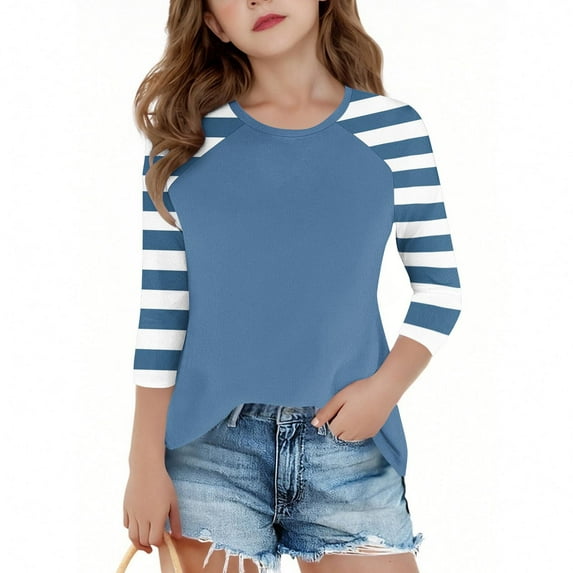 LJEFF Girl 3/4 Sleeve T-Shirt, Casual Spring Striped Crew Neck Casual Tops for Girls Blue Size 14
