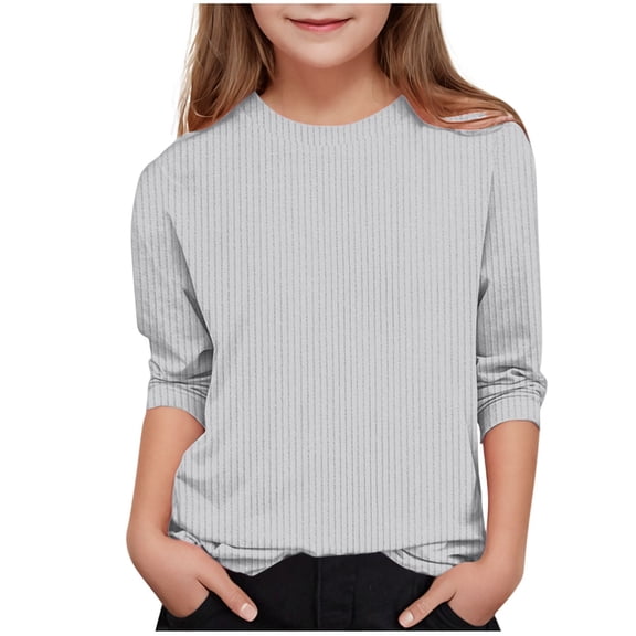 LJEFF Girl 3/4 Sleeve T-Shirt, Ribbed Spring Solid Color Crew Neck Casual Tops for Girls Gray Size 8