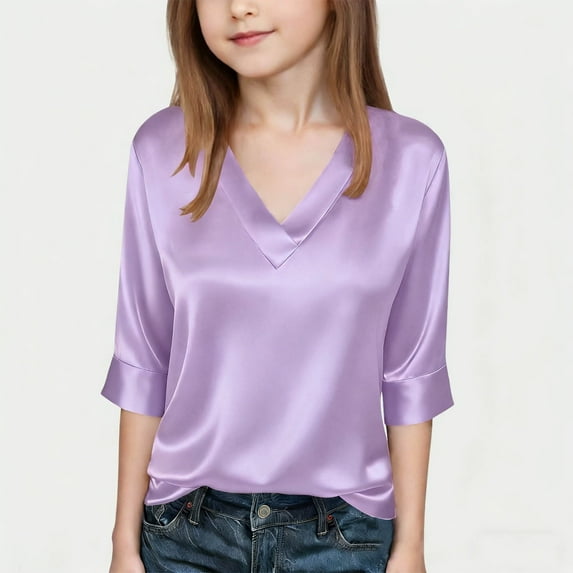LJEFF Girl 3/4 Sleeve T-Shirt, Satin Solid Color V-Neck Spring Casual Tops for Girls Purple Size 6