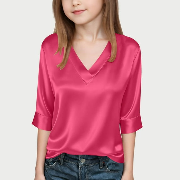 LJEFF Girl 3/4 Sleeve T-Shirt, Solid Color V-Neck Spring Satin Casual Tops for Girls Hot Pink Size 6