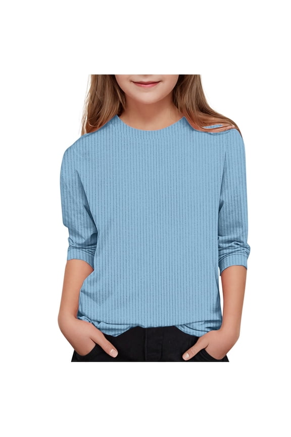 Girl 3/4 Sleeve T-Shirt, Spring Crew Neck Solid Color Ribbed Casual Tops for Girls Light Blue Size 10