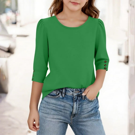 LJEFF Girl 3/4 Sleeve T-Shirt, Spring Fashion Solid Color Crew Neck Casual Tops for Girls Green Size 14
