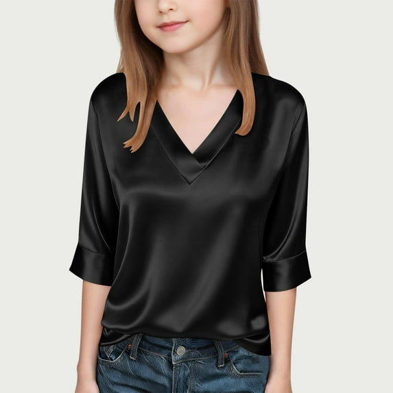 LJEFF Girl 3/4 Sleeve T-Shirt, V-Neck Satin Spring Solid Color Casual Tops for Girls Black Size 6