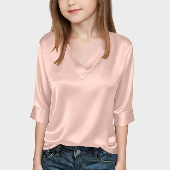 LJEFF Girl 3/4 Sleeve T-Shirt, V-Neck Solid Color Spring Satin Casual Tops for Girls Pink Size 4