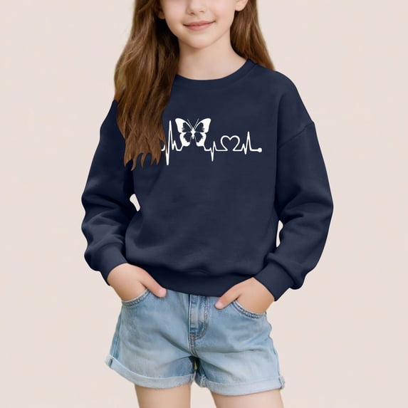 LJEFF Girl's Valentine's day Sweatshirt, Crew Neck Casual Heart Print Regular Fit Tee for Kids Navy Size 3-4 T