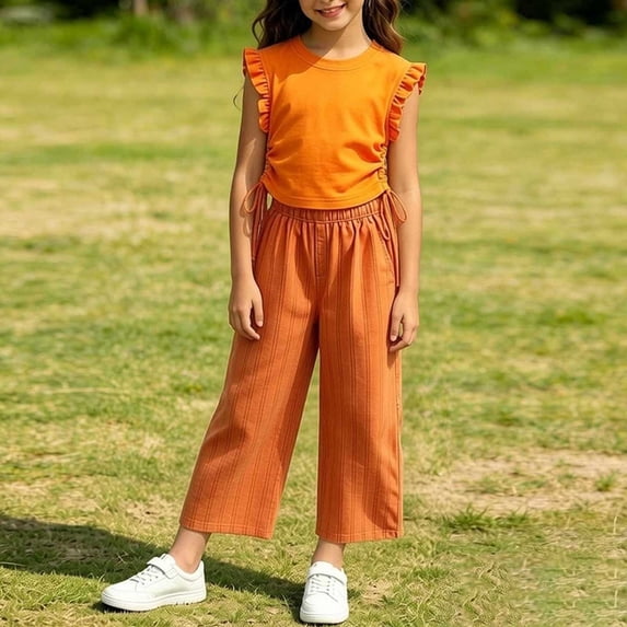 LJEFF Girls 2 PC Ruffle Sleeve Cute Capri Set, Lightweight Soft Elastic Waist Sleeveless Kids Summer Outfit Orange Size 8 Years