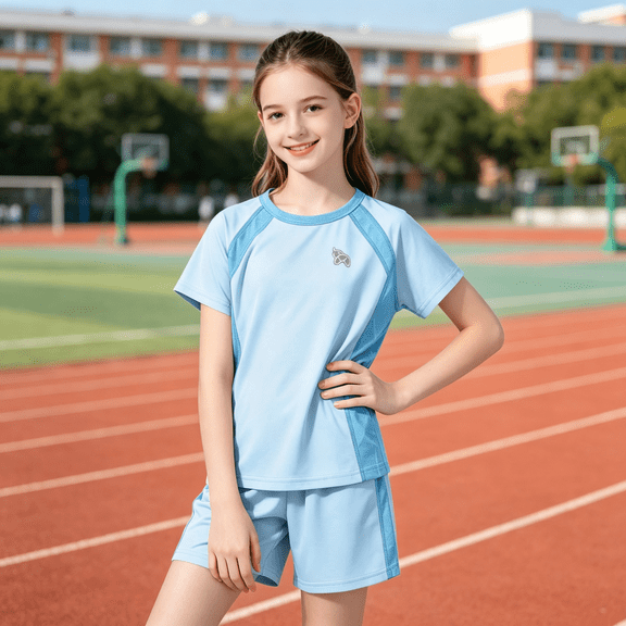 LJEFF Girls 2PC Sports Set, Short Sleeve Quick Dry Stretchy UPF 50+ Beach Pool for Kids Blue Size 8 Yres