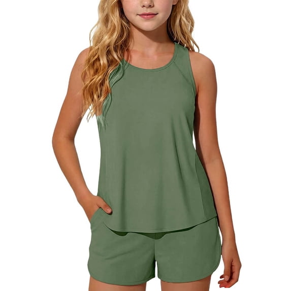 LJEFF Girls 2PC Tank & Shorts Set with Breast Pads, Drawstring Pocket Breathable Sleeveless Summer Beach Tankini Swimwear Army Green Size 10