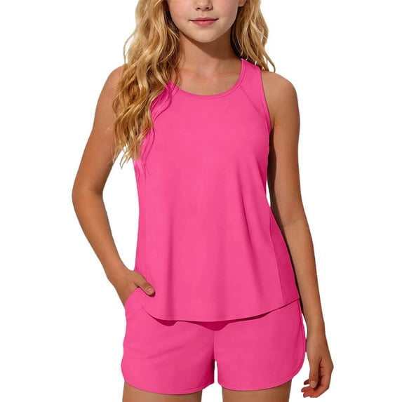 LJEFF Girls 2PC Tank & Shorts Set with Breast Pads, Sleeveless Breathable Pocket Drawstring Summer Beach Tankini Swimwear Hot Pink Size 5-14