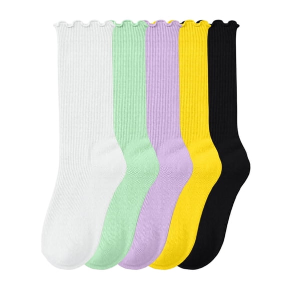 LJEFF Girls 5PC Ruffle Trim Knee High Socks, Sweat-Wicking Stretch Cute Anti-Slip Gift Kids Sport Stockings Purple Size 6-14T