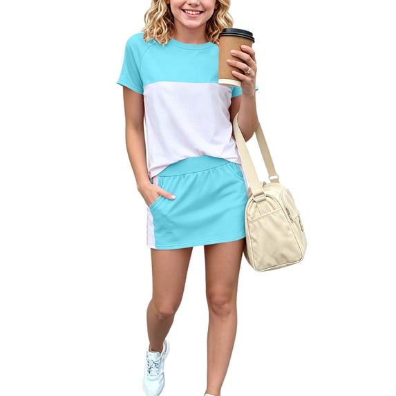LJEFF Girls Color Block T-Shirt & Skort Set, Elastic Waist Short Sleeve Soft Comfortable Casual 2PC Outfit Sky Blue Size 5 T