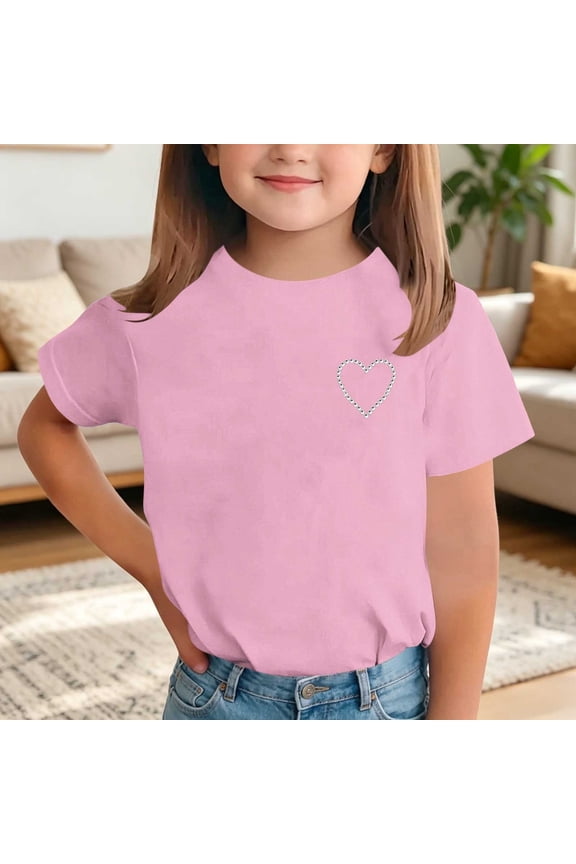 Girls Cute Print Rhinestone T-Shirt, Crew Neck Short Sleeved Cotton Comfort Summer Casual Tee Pink Size 6 Yres